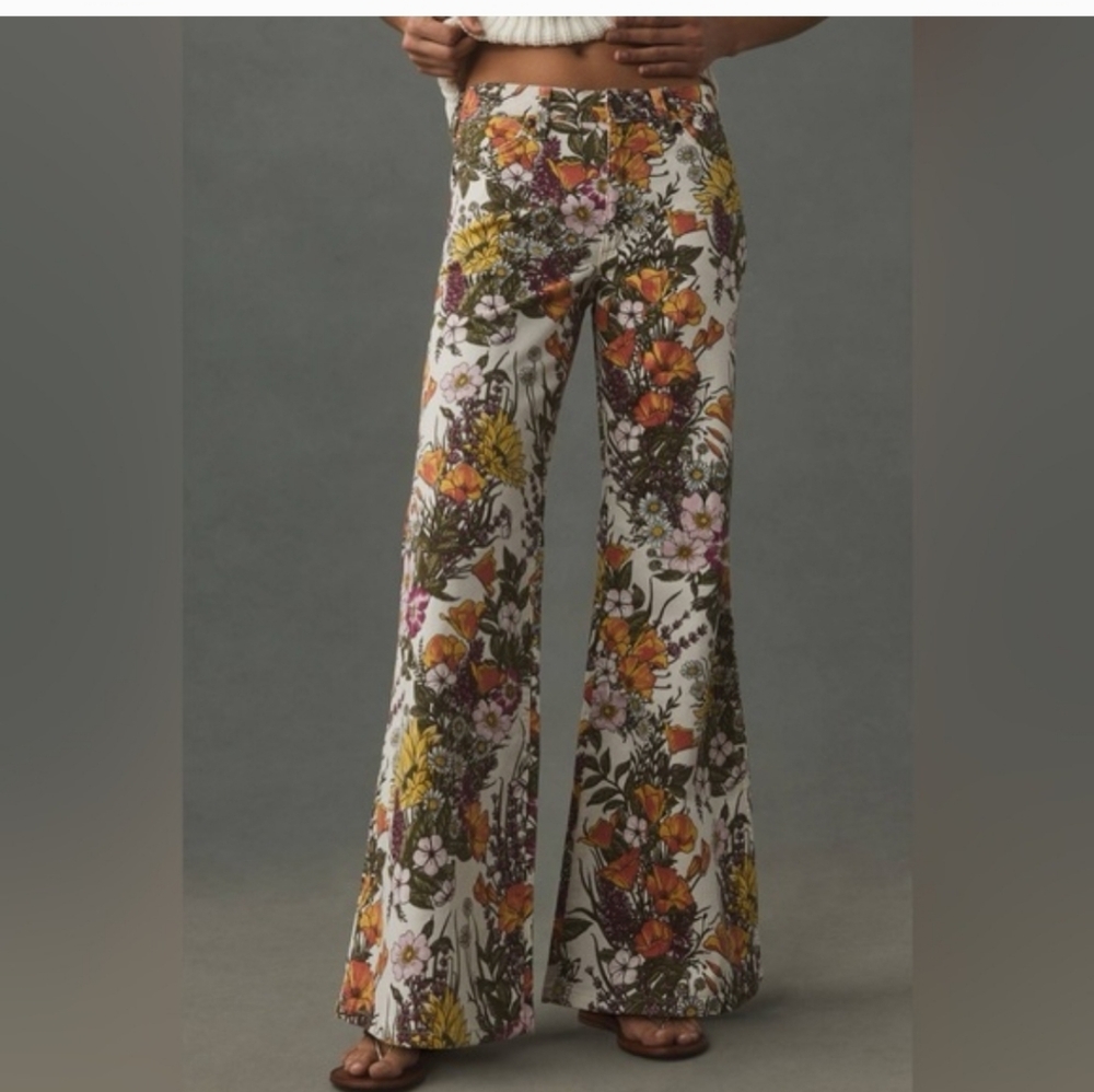 Anthropologie Floral Wide-Leg Jeans in White, Orange, Yellow, Purple, Green